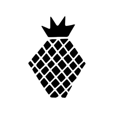Beyaz arka planda yaprak izole edilmiş ananas meyvesinin siyah simgesi. Tatlı tropikal meyve. Basit bir düz stil. Logo tasarımı, pul. Sembol olarak egzotik yaz, vitamin, sağlıklı. Vektör illüstrasyonu