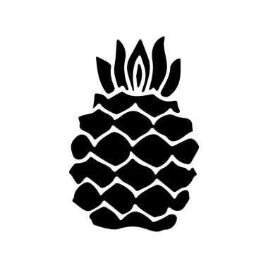 Beyaz arka planda yaprak izole edilmiş ananas meyvesinin siyah simgesi. Tatlı tropikal meyve. Basit bir düz stil. Logo tasarımı, pul. Sembol olarak egzotik yaz, vitamin, sağlıklı. Vektör illüstrasyonu