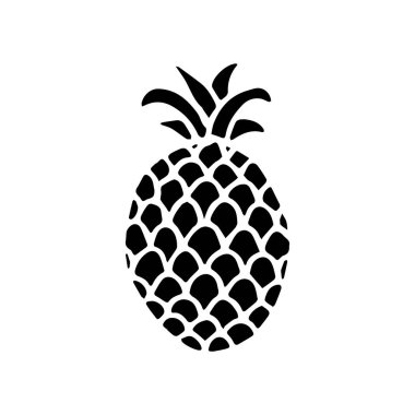 Beyaz arka planda yaprak izole edilmiş ananas meyvesinin siyah simgesi. Tatlı tropikal meyve. Basit bir düz stil. Logo tasarımı, pul. Sembol olarak egzotik yaz, vitamin, sağlıklı. Vektör illüstrasyonu