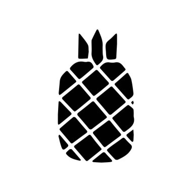 Beyaz arka planda yaprak izole edilmiş ananas meyvesinin siyah simgesi. Tatlı tropikal meyve. Basit bir düz stil. Logo tasarımı, pul. Sembol olarak egzotik yaz, vitamin, sağlıklı. Vektör illüstrasyonu