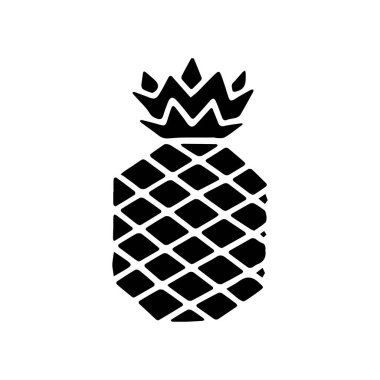 Beyaz arka planda yaprak izole edilmiş ananas meyvesinin siyah simgesi. Tatlı tropikal meyve. Basit bir düz stil. Logo tasarımı, pul. Sembol olarak egzotik yaz, vitamin, sağlıklı. Vektör illüstrasyonu