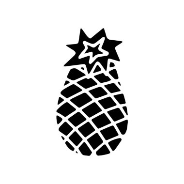 Beyaz arka planda yaprak izole edilmiş ananas meyvesinin siyah simgesi. Tatlı tropikal meyve. Basit bir düz stil. Logo tasarımı, pul. Sembol olarak egzotik yaz, vitamin, sağlıklı. Vektör illüstrasyonu