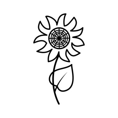 Beyaz arkaplanda izole edilmiş yaprak çizgisi simgesi olan ayçiçeği. Vektör çiçek çizimi. Botanik yaz konsepti. Kesim, klip, baskı, monogram, dövme, gömlek tasarımı için.