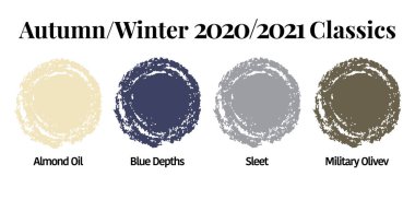 Sonbahar / Kış 2020 / 2021 Klasik Renk Paleti. Renk kumaşı konsepti modern tarz. Renkli palet rehberi. Moda modası. Tasarım rehberi, katalog. Vektör illüstrasyonu.