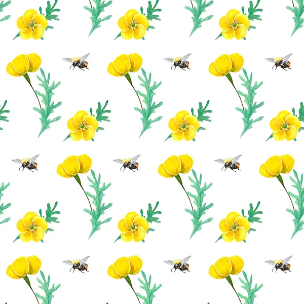 Akwarela Łąka Dzikie Kwiaty Pszczoły Modne Niekończące Się Tło Cute — Zdjęcie stockowe
