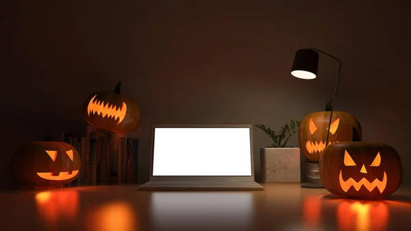 Imagem Renderização Mesa Trabalho Com Cabeça Abóbora Fundo Festival Halloween — Fotografia de Stock