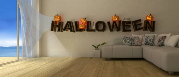 Imagem Renderização Sala Estar Que Têm Cabeças Bombom Palavra Halloween — Fotografia de Stock