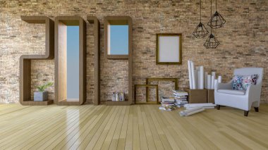 2019 beyaz tuğla duvar ahşap raf 3D render görüntüsü. beyaz koltuk üzerinde ahşap zemin ayarlayın. Yeni yıl Festivali için arka plan.