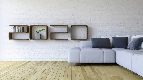 Imagem de renderização 3d da prateleira 2020 na sala de estar — Fotografia de Stock