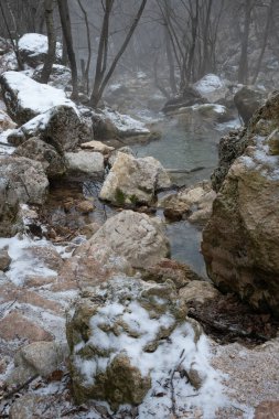Dağlarda nehir kışın karla kaplı.