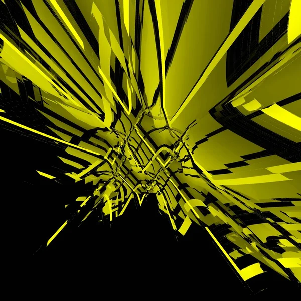 鮮やかな黄色と黒の強い複雑な幾何学的形状とパターンの3D表面ビューを爆発 — ストック写真