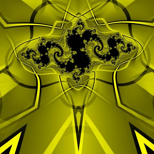 Fraktal Typu Julia Żywymi Żółtymi Czarnymi Silnymi Skomplikowanymi Geometrycznymi Kształtami — Zdjęcie stockowe
