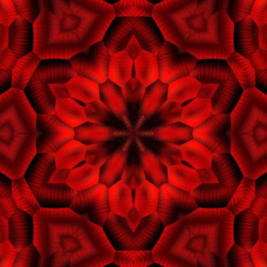 Altıgen fantezi tarzı soyut sanat simsiyah arka plandaki koyu kırmızı tonlardan karmaşık şekiller ve tasarımlar oluşturur. 