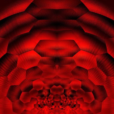 Altıgen fantezi tarzı soyut sanat simsiyah arka plandaki koyu kırmızı tonlardan karmaşık şekiller ve tasarımlar oluşturur. 