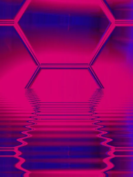 具有六角形马赛克瓷层的霓虹灯粉红色和紫色的生动图案转化为许多图案 并设计了反射水波效应 — 图库照片