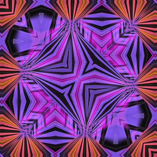 反射によって複雑なパターンやデザインに変換された黒の背景に未来的な形を変換する線形のピンクと紫の色合い — ストック写真