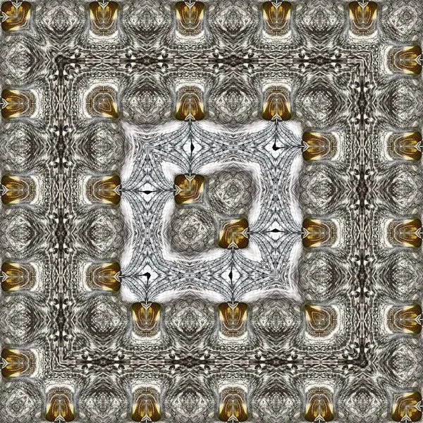 複雑な対称性のある銀と金の花のファンタジーのパターンとデザインは 正方形の形式で1つのユリの花の繰り返しクローズアップから — ストック写真