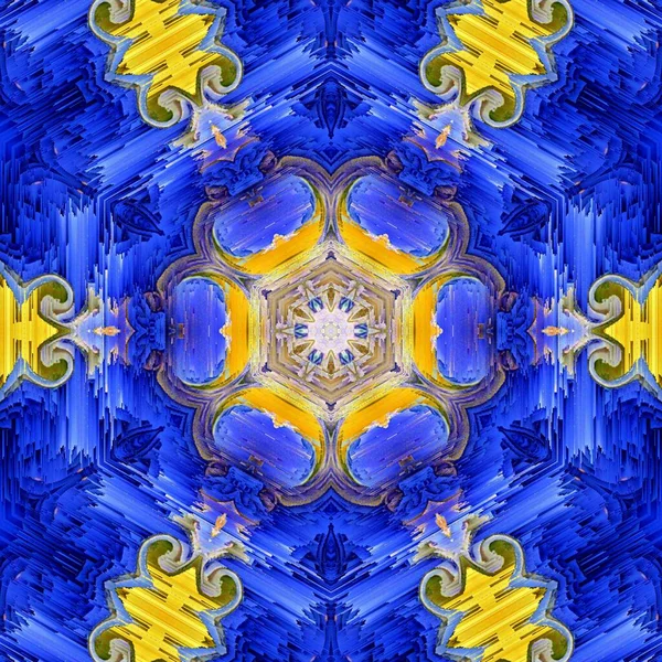 六角形の放射状の花のファンタジースタイルでデザインと雲のない青空と収穫時のトウモロコシのフィールドを表す黄色とマティスのインスピレーションを受けた青い紙の幾何学的な形状とパターン — ストック写真