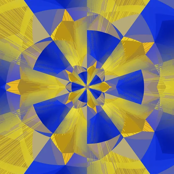 Matisse inspired blue paper geometric shapes and patterns with yellow representing the fields of corn at harvest with cloudless blue skies with design in hexagonal radial floral fantasy style