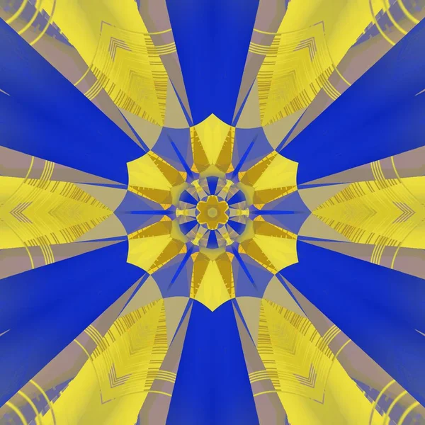 马蒂斯激发了蓝皮书的几何形状和图案 黄色代表收获时的玉米地 蓝天万里无云 设计为六角形径向花卉奇幻风格 — 图库照片