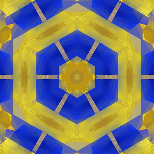六角形の放射状の花のファンタジースタイルでデザインと雲のない青空と収穫時のトウモロコシのフィールドを表す黄色とマティスのインスピレーションを受けた青い紙の幾何学的な形状とパターン — ストック写真