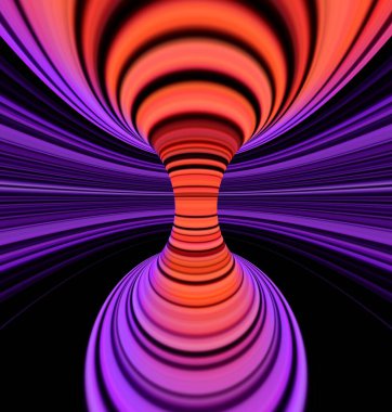 Siyah zemin üzerinde pembe ve mor çizgisel çizgili gölgeler ve suya yansıyan kırmızı bir güneş. Bu resim yansımayla karmaşık torus kalıplarına ve tasarımlarına dönüşür.