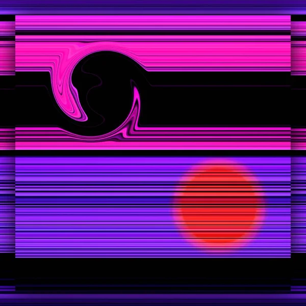 黒を基調とした線状の縞模様のピンクと紫の色合いで 水に赤い太陽が反射しています この画像は 反射によって複雑な同心円状の土星リング型パターンとデザインに変換されます — ストック写真