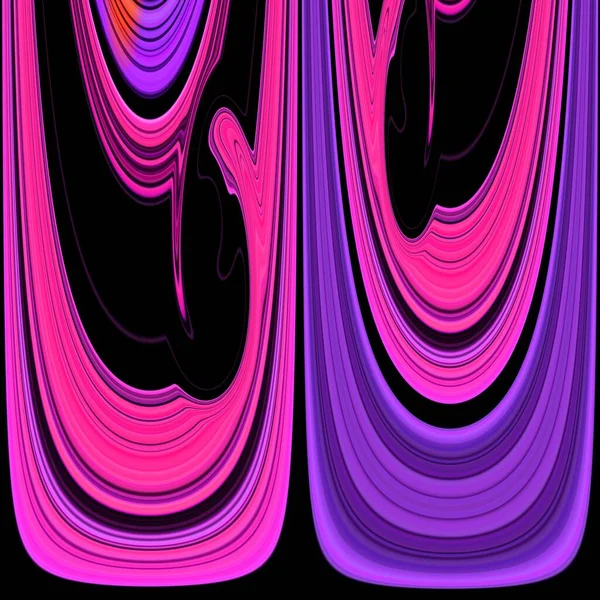 shades of pink and purple in linear stripe shape on black background with a red sun reflected in the water. This image transformed by reflection into intricate concentric saturn-ring type patterns and designs