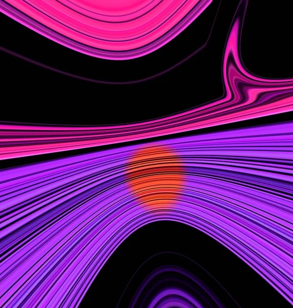 shades of pink and purple in linear stripe shape on black background with a red sun reflected in the water. This image transformed by reflection into intricate concentric saturn-ring type patterns and designs
