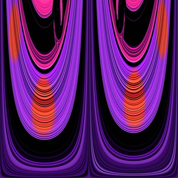 shades of pink and purple in linear stripe shape on black background with a red sun reflected in the water. This image transformed by reflection into intricate concentric saturn-ring type patterns and designs
