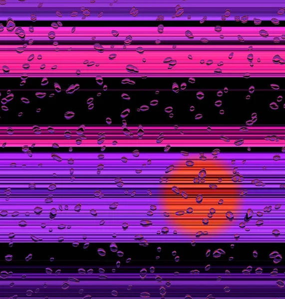 粉红色和紫色的阴影 呈线性条纹状 黑色背景 红色的太阳反射在水中 这种图像通过反射转化为复杂的同心圆环型图案和设计 — 图库照片