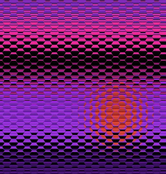 黒を基調とした線状の縞模様のピンクと紫の色合いで 水に赤い太陽が反射しています この画像は 反射によって複雑な六角形のモザイク模様やデザインに変換されます — ストック写真