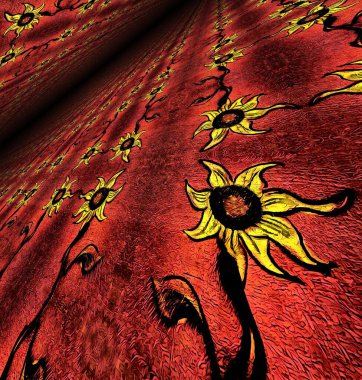 Parlak turuncu dokulu bir duvara karşı şekillendirilmiş ayçiçeği tasarımı kare biçiminde birçok şekil ve desen