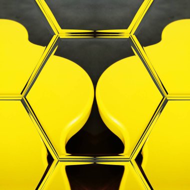 Çift ayna görüntüsü iki canlı parlak parlak sarı eğri şekilli tablolar benzersiz şekillere ve karmaşık tasarımlara dönüştü.