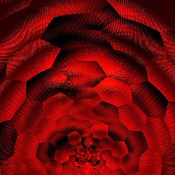 明亮的红色大丽花在黑色的背景上绽放 花朵的幻想变成复杂的几何形状 图案和迪斯科光的效果 — 图库照片