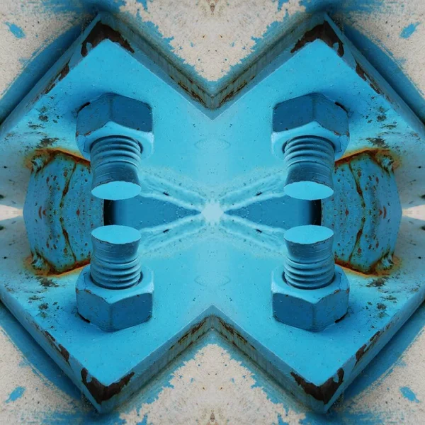Parlak Mavi Renkli Dört Güçlü Çelik Cıvata Tasarlanmış Simetrik Desenler — Stok fotoğraf