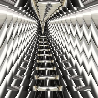 Gümüş grisinin parlak metalik yansıtıcı tonlarında monokromatik soyut sanat gelecekteki karmaşık geometrik desenler ve tasarımlar