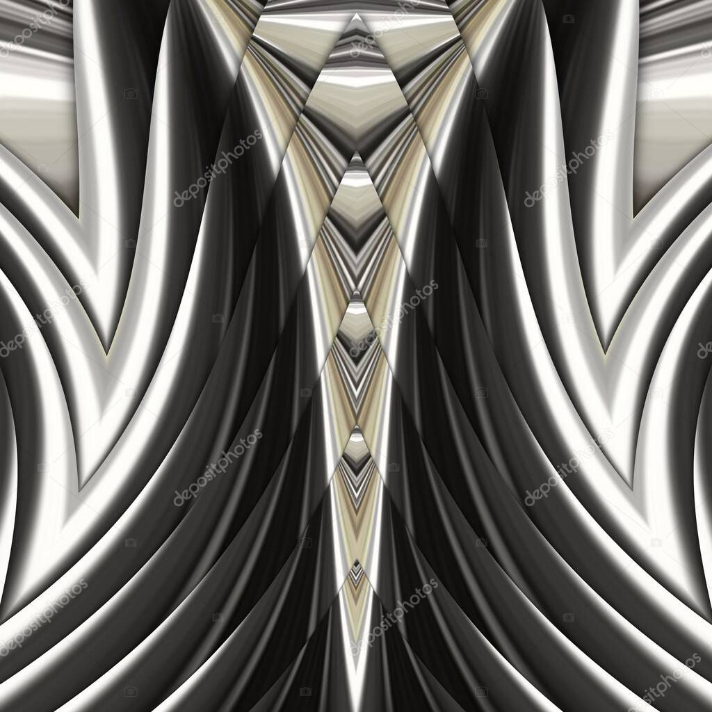monochromatic abstract art in shiny metallic reflective shades of silver grey intricate futuristic geometric patterns and designs