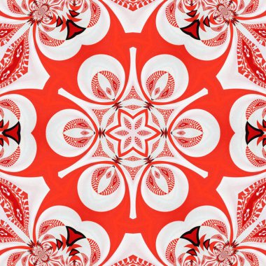 Parlak kırmızı beyaz geometrik şekillerin ve yansıma tarafından dönüştürülen desenlerin Julia fraktal tasarımları