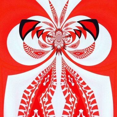 Parlak kırmızı beyaz geometrik şekillerin ve yansıma tarafından dönüştürülen desenlerin Julia fraktal tasarımları