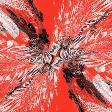 Kırmızı arkaplandaki karmaşık Julia tipi fraktala dayalı soyut resimler kalıplar ve tasarımlar