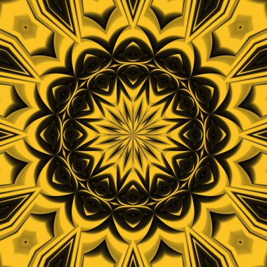 Siyah zemin üzerinde parlak sarı desenler. Karmaşık şekiller ve tasarımlar meydana getiriyorlar.