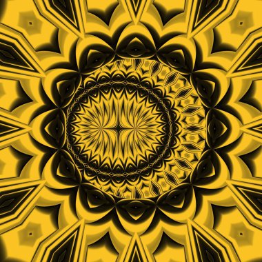 Siyah zemin üzerinde parlak sarı desenler. Karmaşık şekiller ve tasarımlar meydana getiriyorlar.