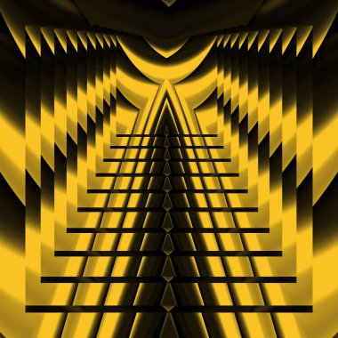 Siyah zemin üzerinde parlak sarı desenler. Karmaşık şekiller ve tasarımlar meydana getiriyorlar.