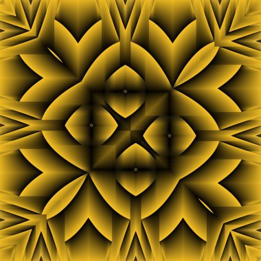 Siyah zemin üzerinde parlak sarı desenler. Karmaşık şekiller ve tasarımlar meydana getiriyorlar.