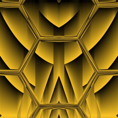 Siyah zemin üzerinde parlak sarı desenler. Karmaşık şekiller ve tasarımlar meydana getiriyorlar.