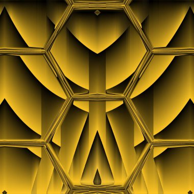 Siyah zemin üzerinde parlak sarı desenler. Karmaşık şekiller ve tasarımlar meydana getiriyorlar.