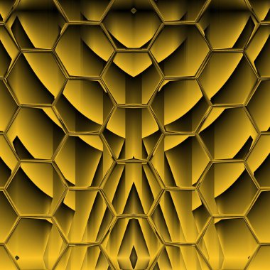 Siyah zemin üzerinde parlak sarı desenler. Karmaşık şekiller ve tasarımlar meydana getiriyorlar.