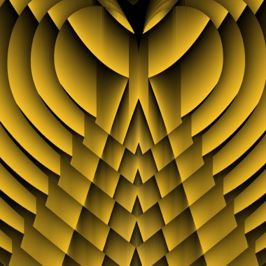 Siyah zemin üzerinde parlak sarı desenler. Karmaşık şekiller ve tasarımlar meydana getiriyorlar.