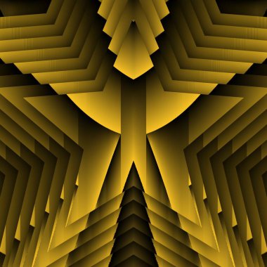 Siyah zemin üzerinde parlak sarı desenler. Karmaşık şekiller ve tasarımlar meydana getiriyorlar.